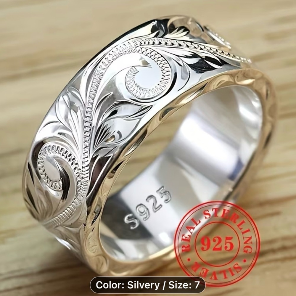This is a sterling silver carved leaf hand-engraved men ring - Picture 7 of 16